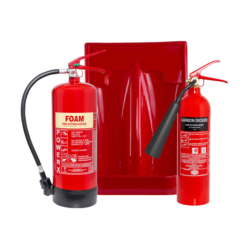 2kg CO2 Extinguisher, 6ltr Foam Extinguisher + Double Stand Special Offer
